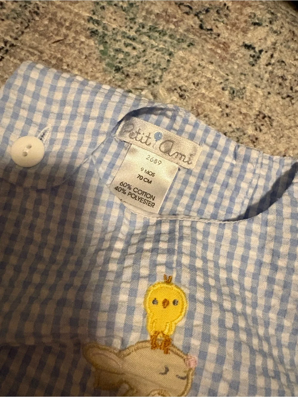 Petit Ami Light Blue and White Gingham Romper with Chick Applique